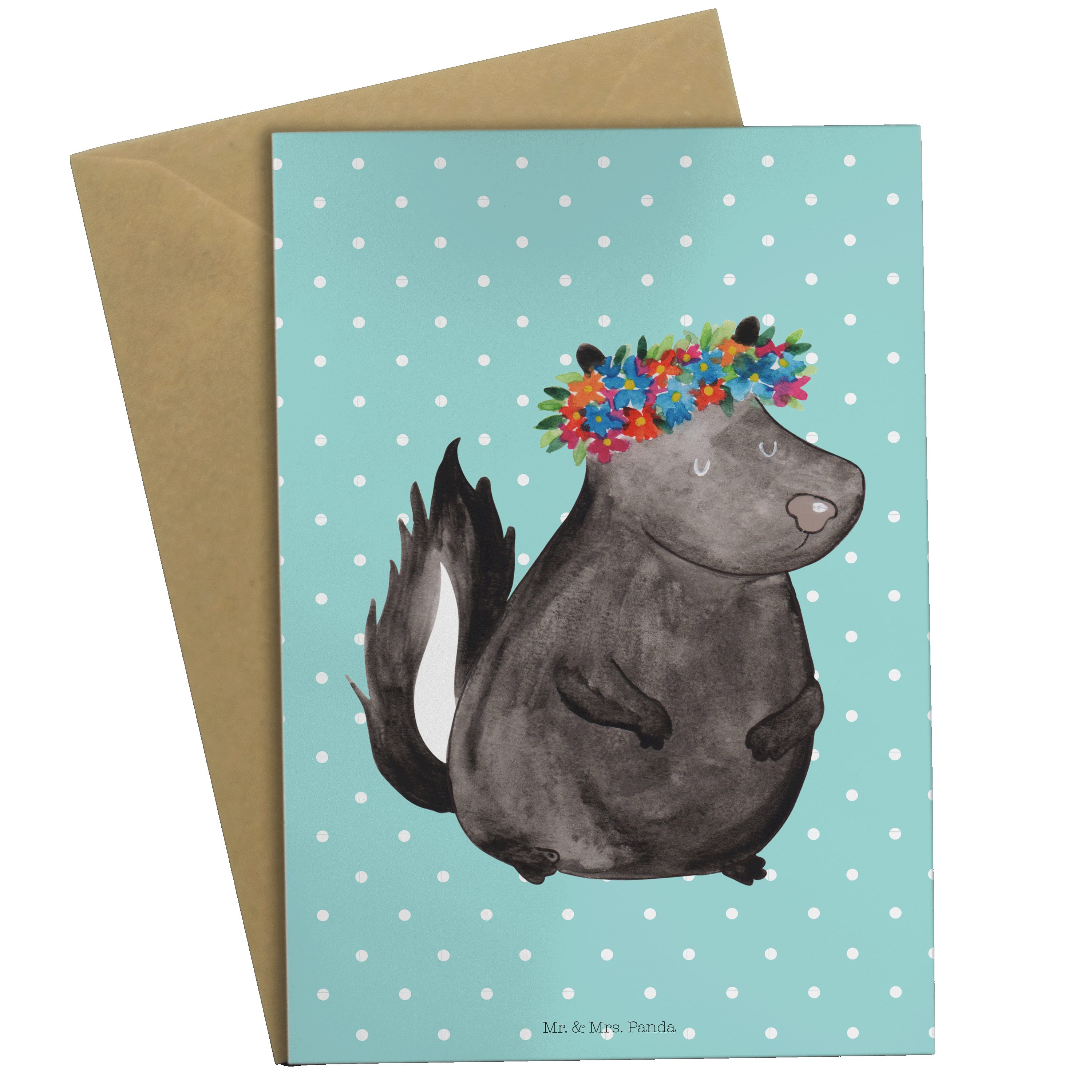 Pastell Geburtstagskart Türkis Mr. Grußkarte Stinktier Mrs. & Blumenmaedchen Panda - - Geschenk,