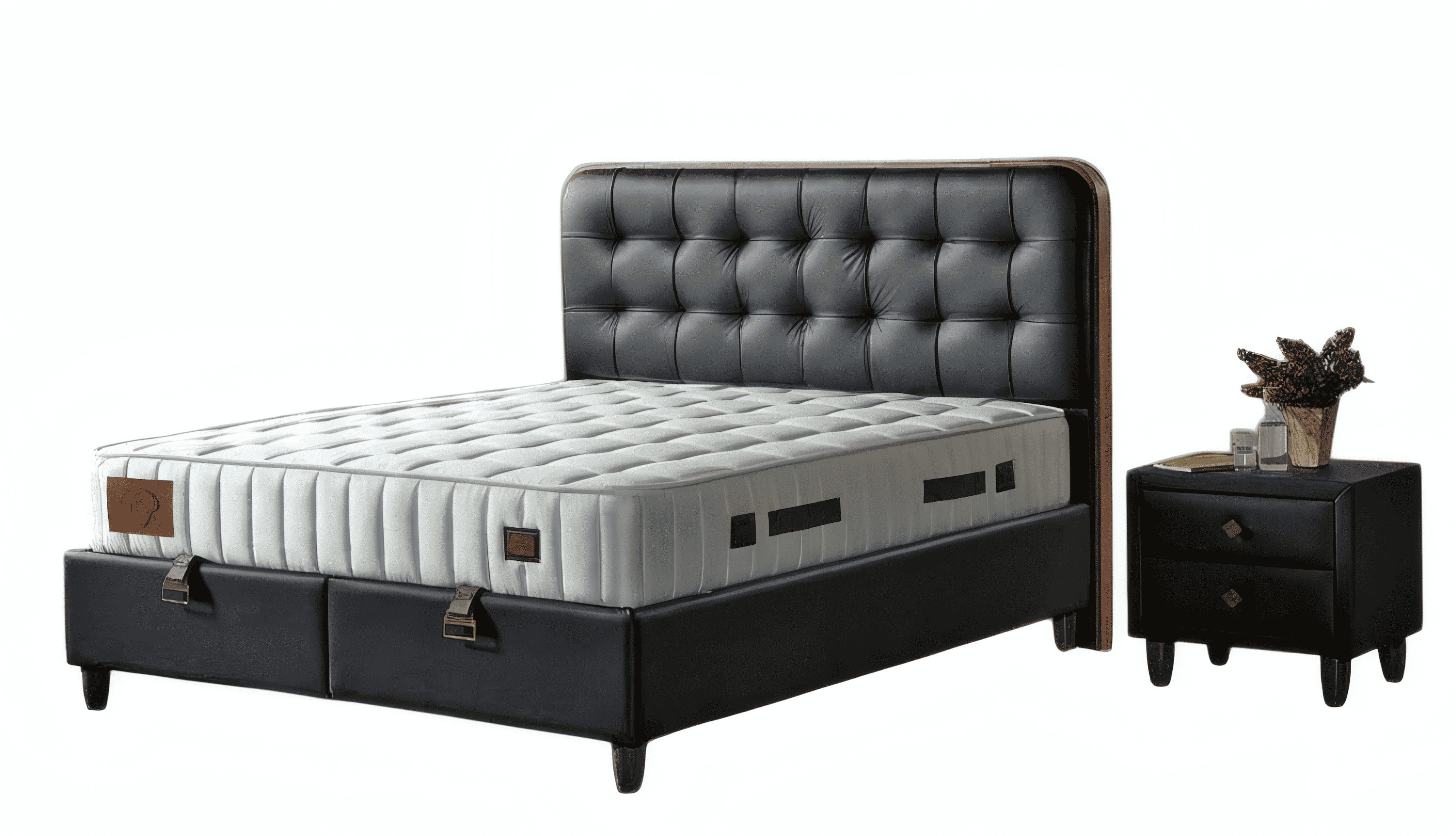 JVmoebel Schlafzimmer-Set JVMoebel Schlafzimmer Set in Schwarz mit Lederpolsterung und Stauraum, (3-tlg)