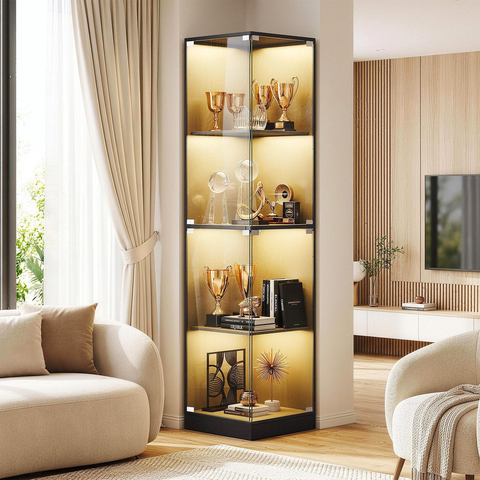 SVEYLXA Eckvitrine Vitrinenschrank mit LED, Glastüren (1-St) 38×38×160, schwarz/weiß