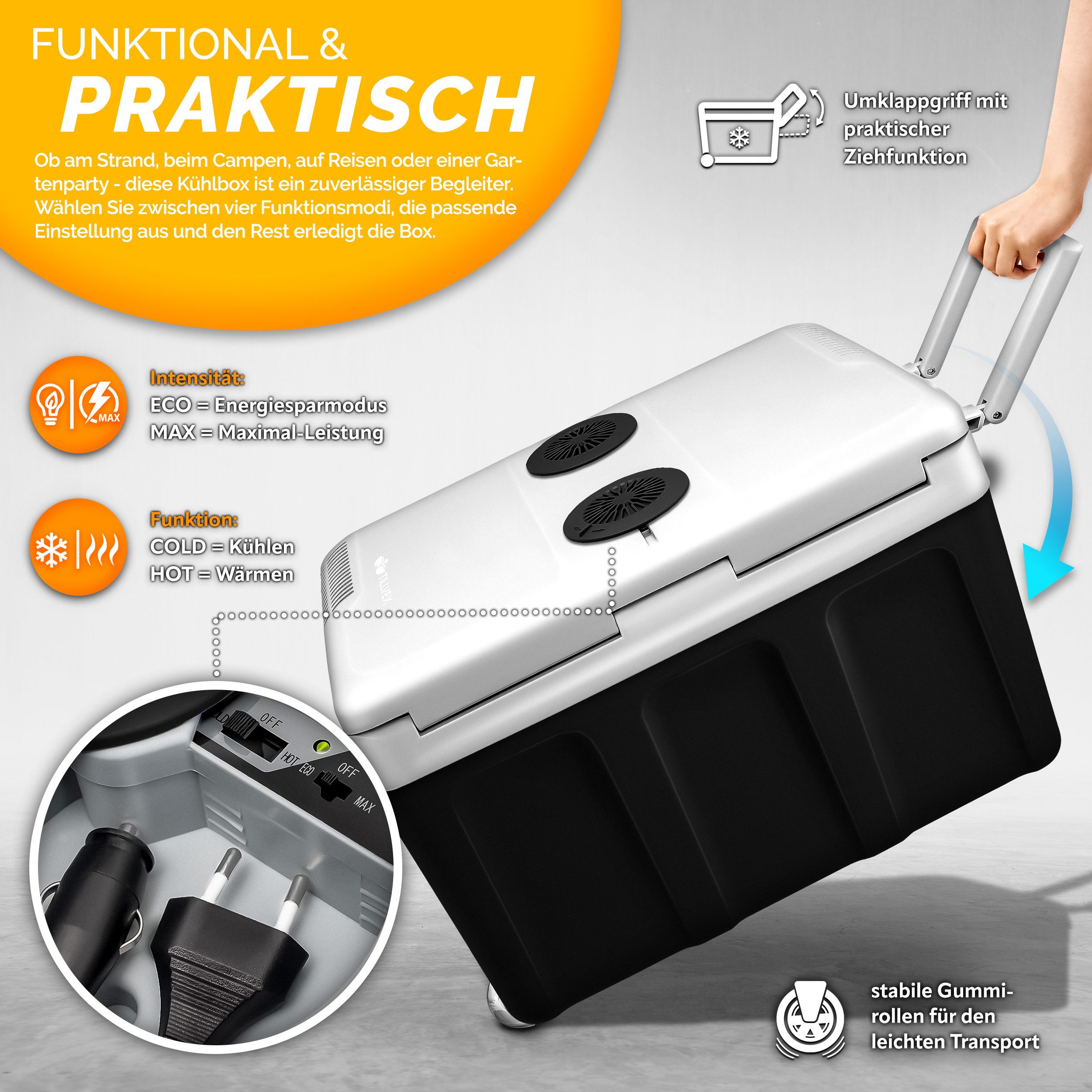 tillvex Kühlbox elektrisch 40L mit Rollen Mini-Kühlschrank, 230 V und 12 V für KFZ Auto Camping, kühlt & wärmt, ECO-Modus