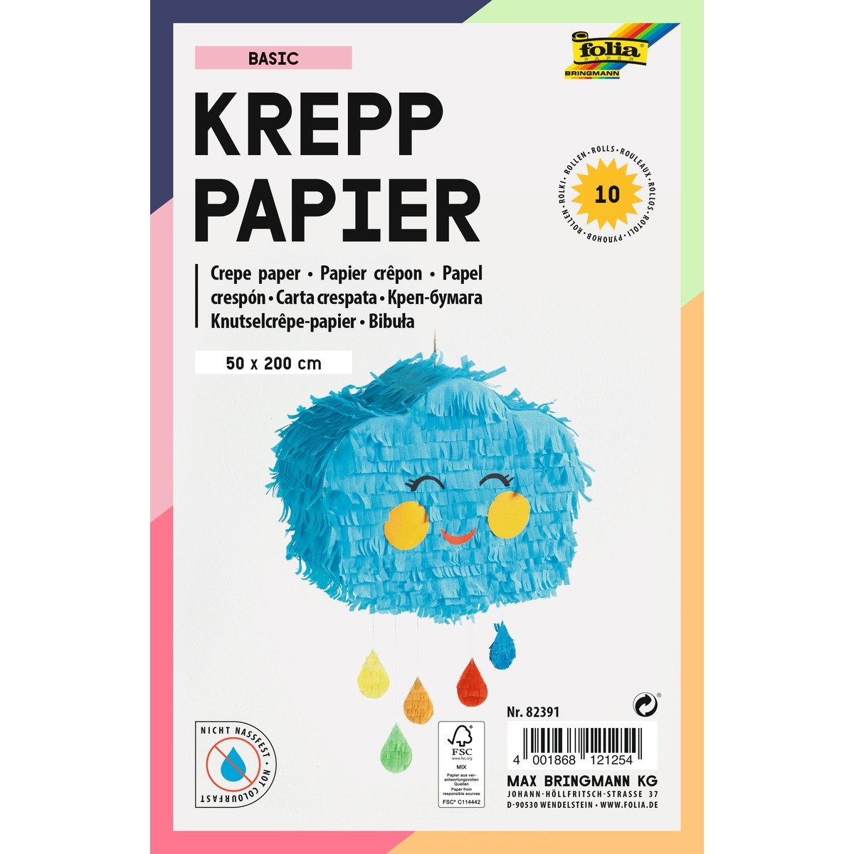 Folia Max Bringmann KG Bastelkartonpapier folia Krepppapier Basic mehrfarbig 50x200cm 10 Stück