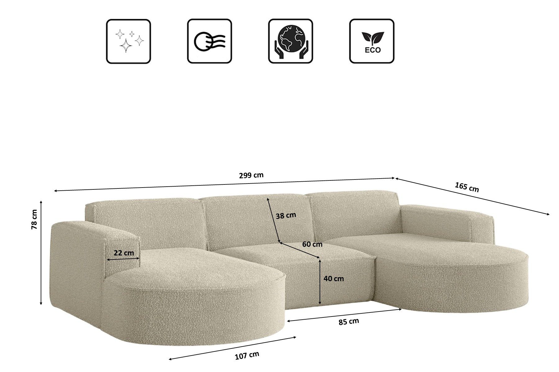 Kaiser Möbel Ecksofa Ecksofa Designer, Sofa U Form MODENA Stoff Loop