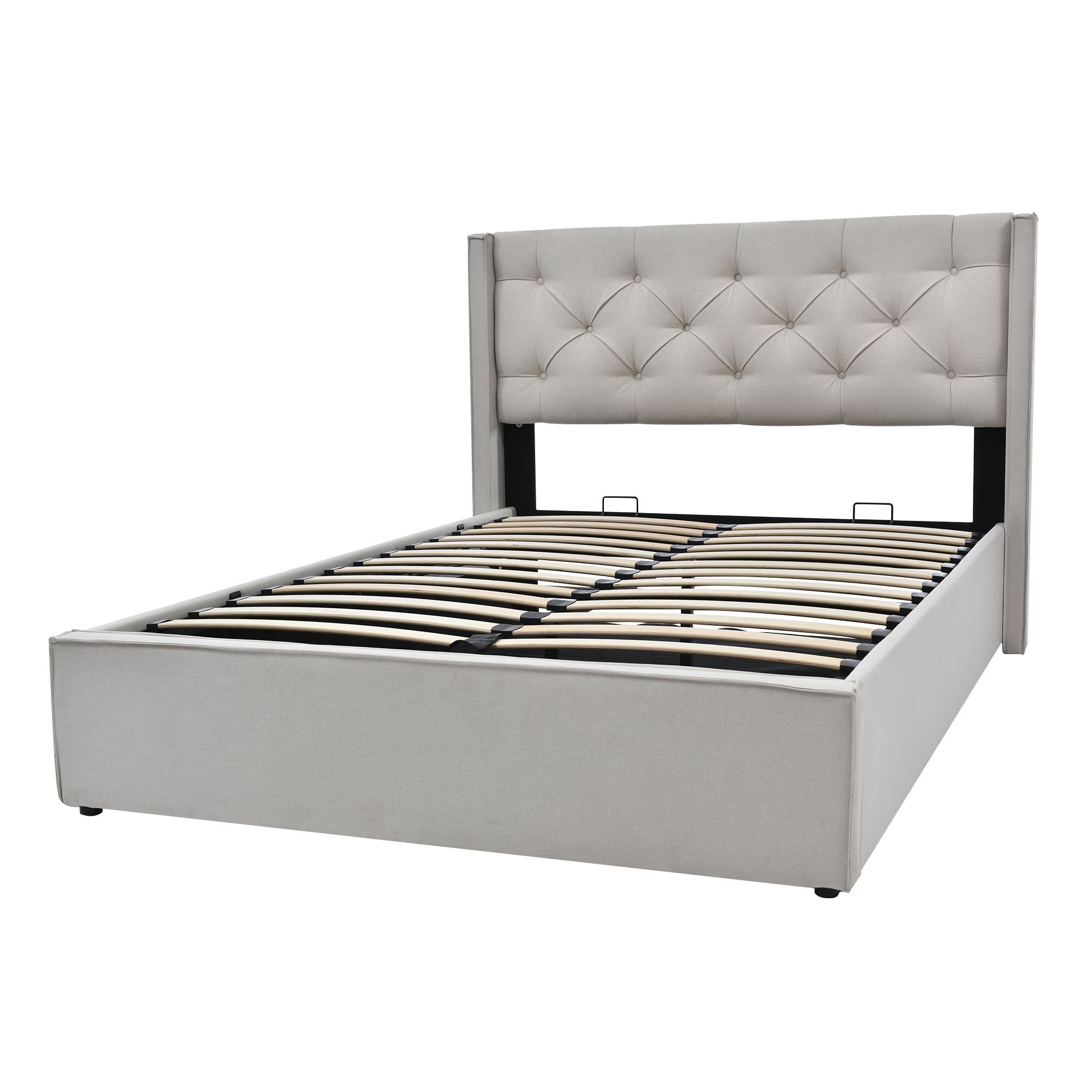 Boxspringbett (Polsterbett Doppelbett 140x200 cm mit edler Knopfheftung und Matratze), Hydraulisches Funktionsbett mit Bettkasten und Lattenrost, Baumwolle