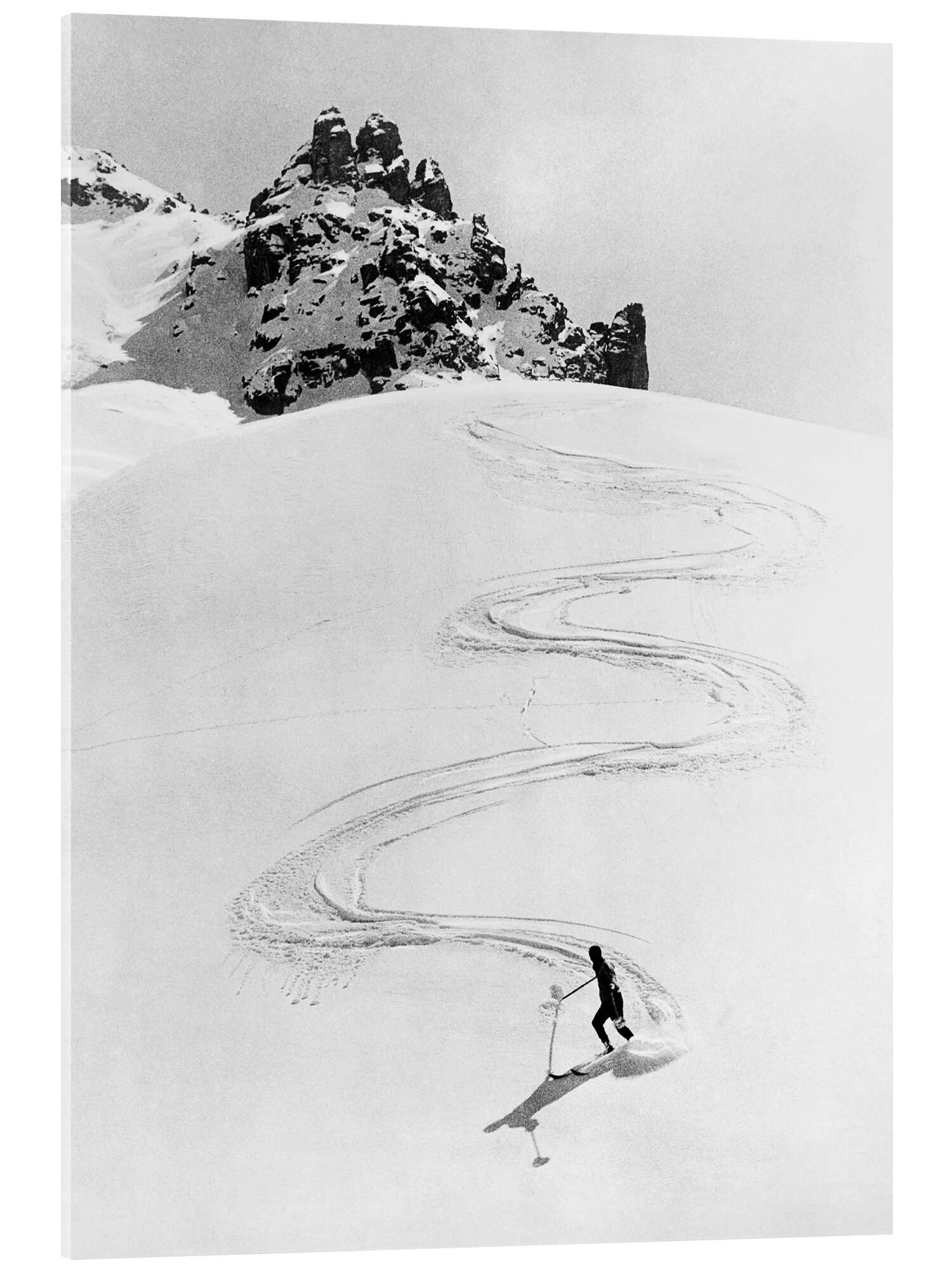 Posterlounge Wandbild Kurvenreiche Ski-Fahrt einen hohen Berg hinunter, Schweiz, 1935, Vintage Ski Collection, erhältlich als Poster, Leinwandbild, Wandsticker oder Acrylglasbild