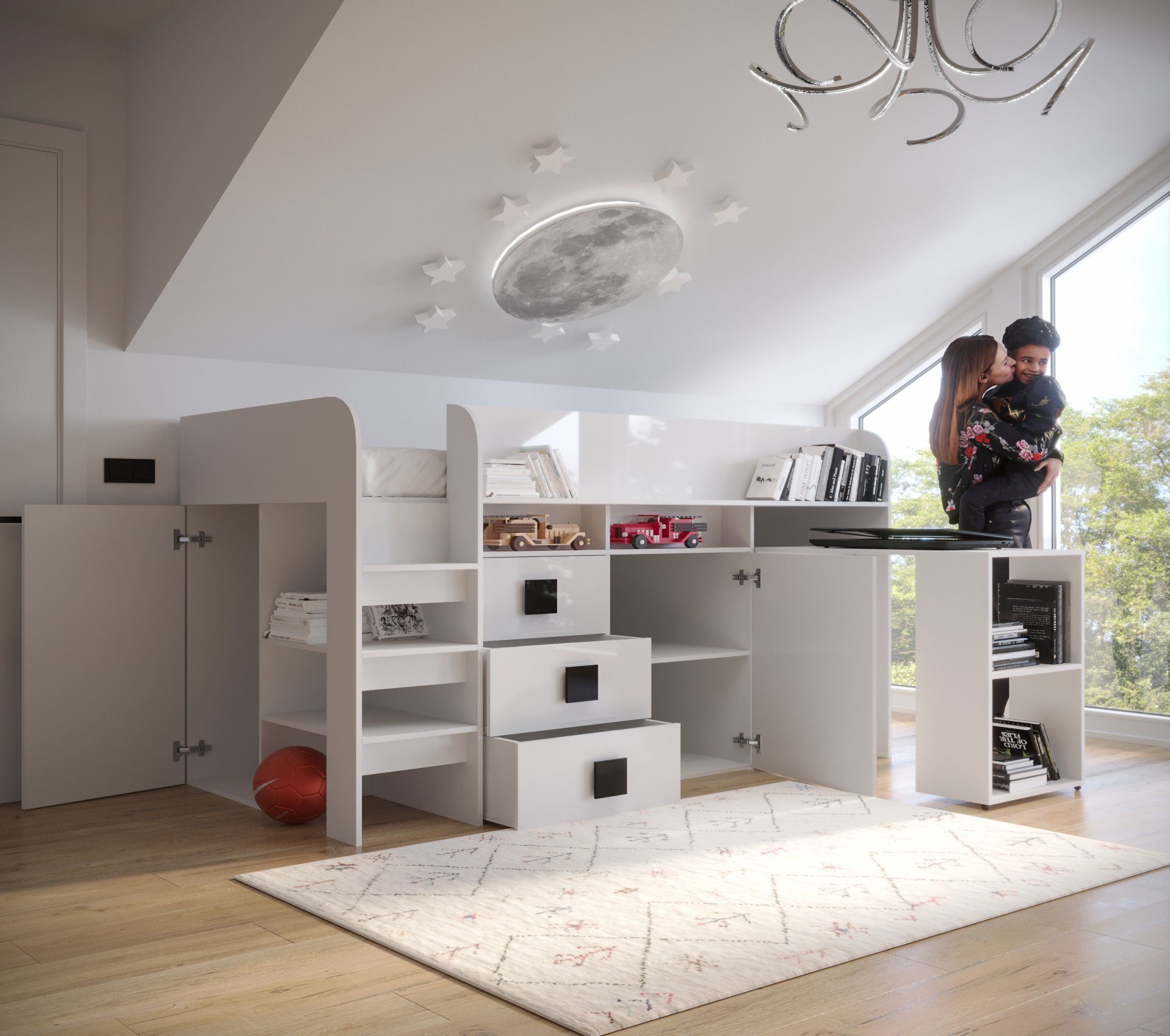 Weiß/Griffe Unique Türkis mit Home Hochbett,Etagenbett Schreibtisch Hochbett Treppe, TOL1, Schubladen und