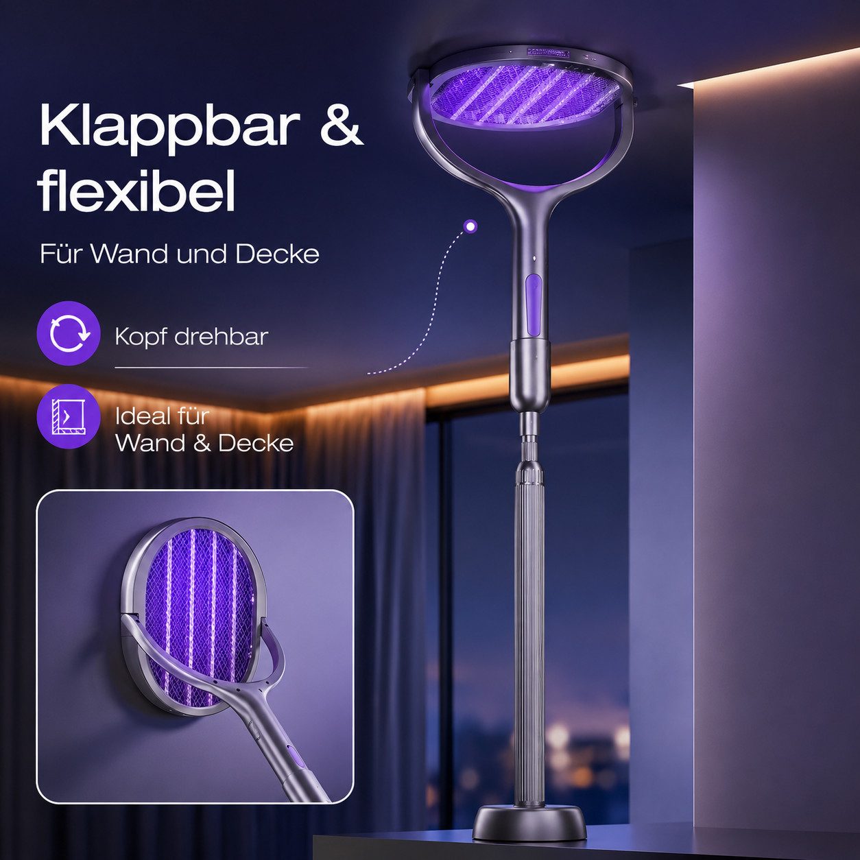 Ertex Fliegenklatsche Elektrische Mückenklatsche 2-in-1 UV-Licht&Teleskopstiel bis 109 cm