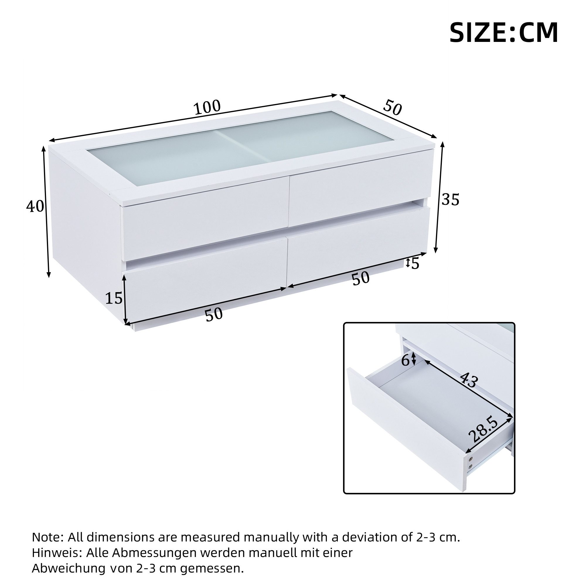 Celya Couchtisch 100x50x40cm, Kaffeetisch mit 4 Schubladen und LED-Beleuchtung (gehärteter Glasplatte und Hochglanz), Spanplatte, max. 35kg Traglast