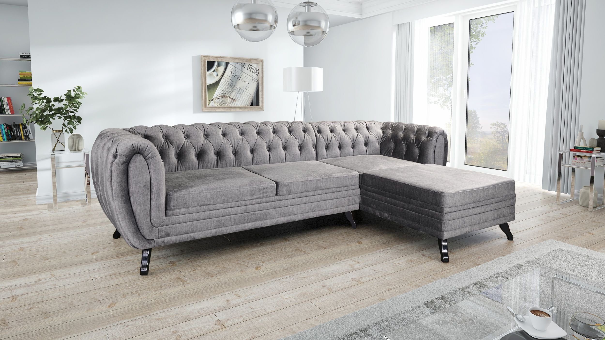 Küchen-Preisbombe Sofa Edles Ecksofa 3 Sitzer Velours grau Couch Polstersofa Wohnlandschaft, Chesterfield Sofa