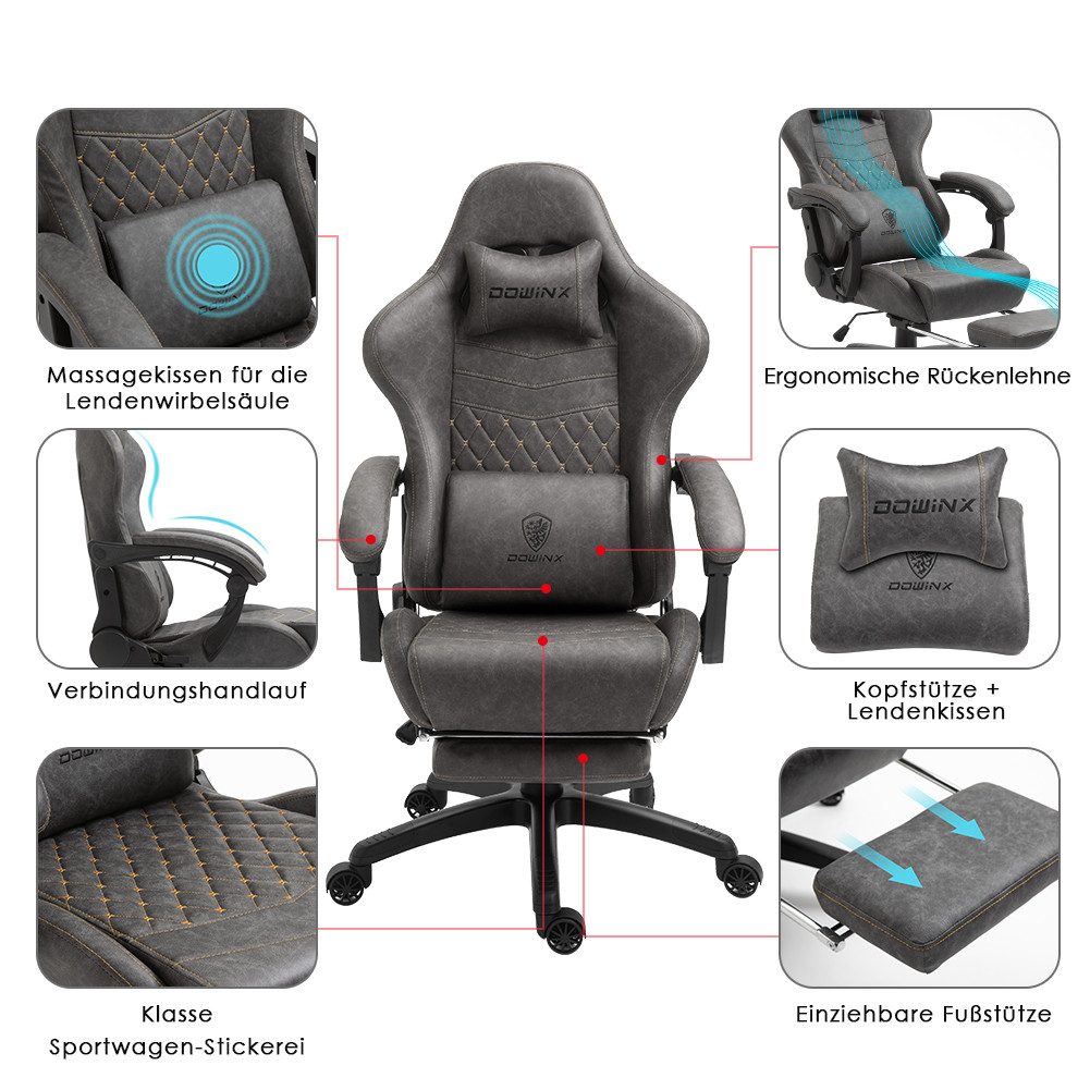 Dowinx Gaming-Stuhl Luxuriöser Chefsessel Ergonomisch aus PU Leder (Packung), Massage-Lendenstütze & Fußstütze, Verstellbarer Bürostuhl 90°-170° – Bild 5 von 5