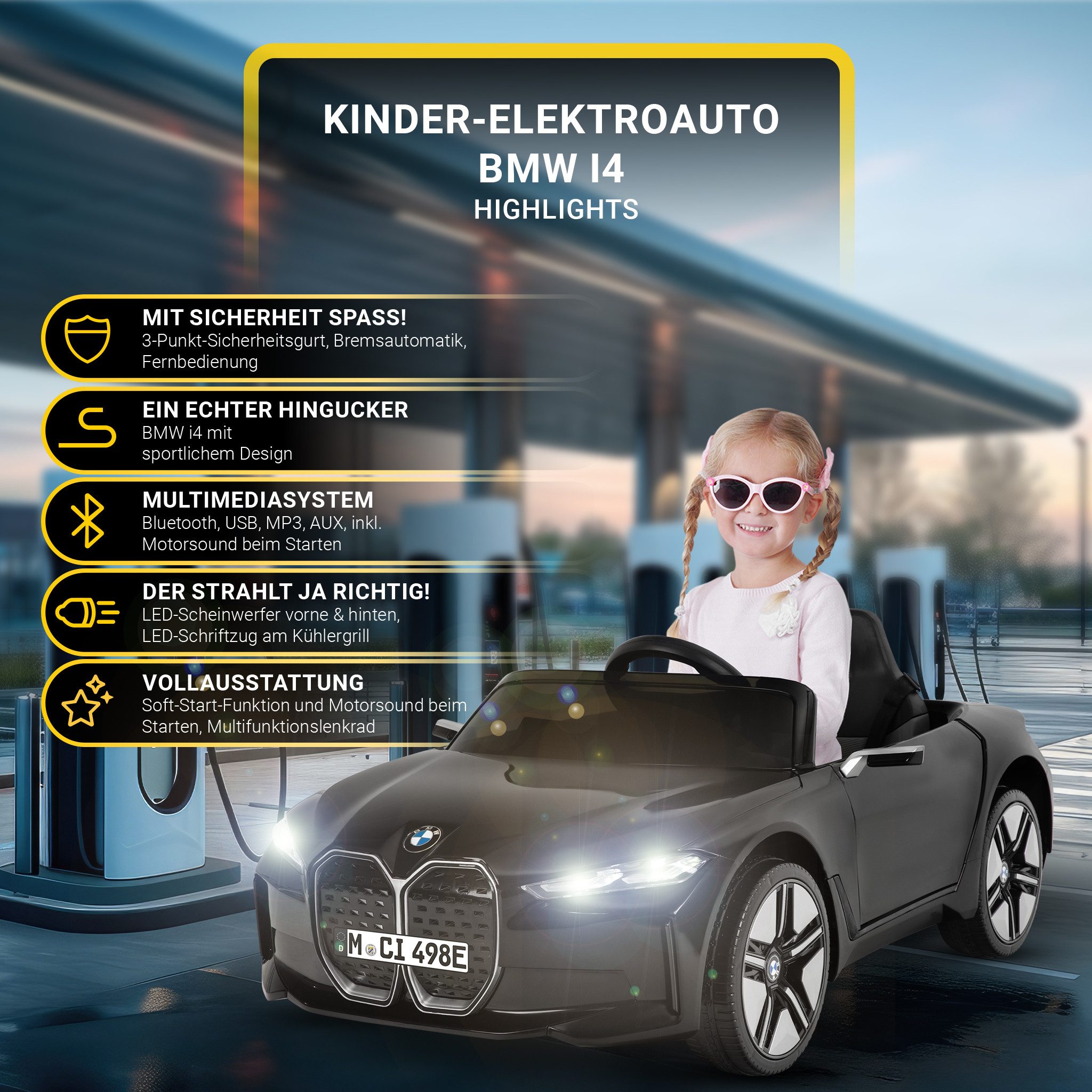 Actionbikes Motors Elektro-Kinderauto BMW i4 Kinder Elektroauto ab 3 Jahre, Belastbarkeit 30 kg, (2-tlg), Fernbedienung - Softstart - Stoßdämpfer