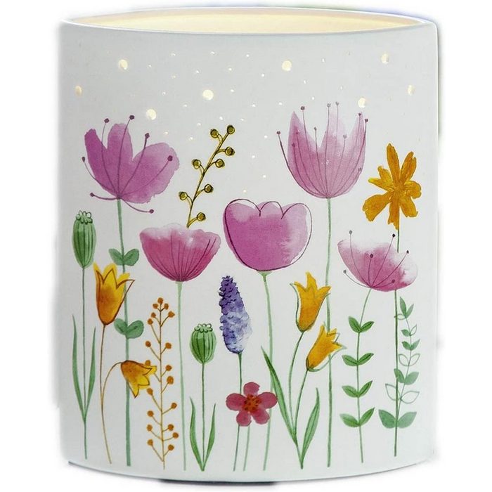 GILDE Tisch-Tageslichtlampe Porzellan Lampe Ellipse Blumenwiese (BxHxL) 17 cm x 20 cm x 10 cm