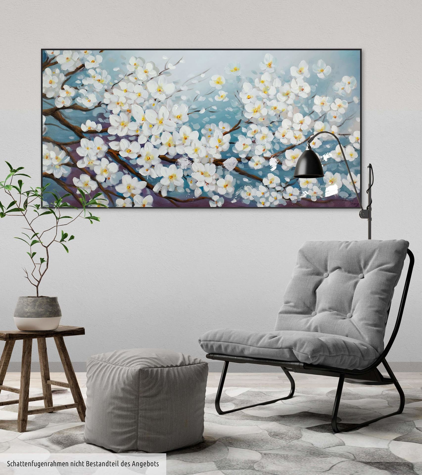 Gemälde White Wandbild Leinwandbild Glamour in 100% KUNSTLOFT Wohnzimmer 140x70 cm, HANDGEMALT