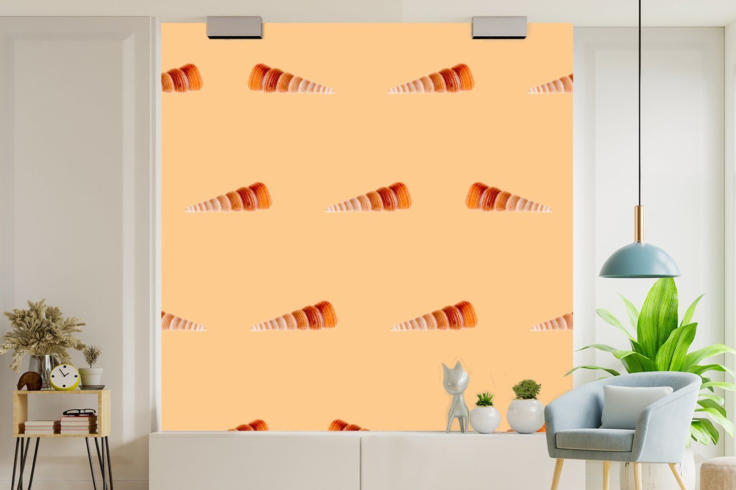 MuchoWow Fototapete Muscheln - Muster Tapete - oder (5 Wohnzimmer Orange, Matt, Schlafzimmer, St), Wandtapete für bedruckt, Vinyl
