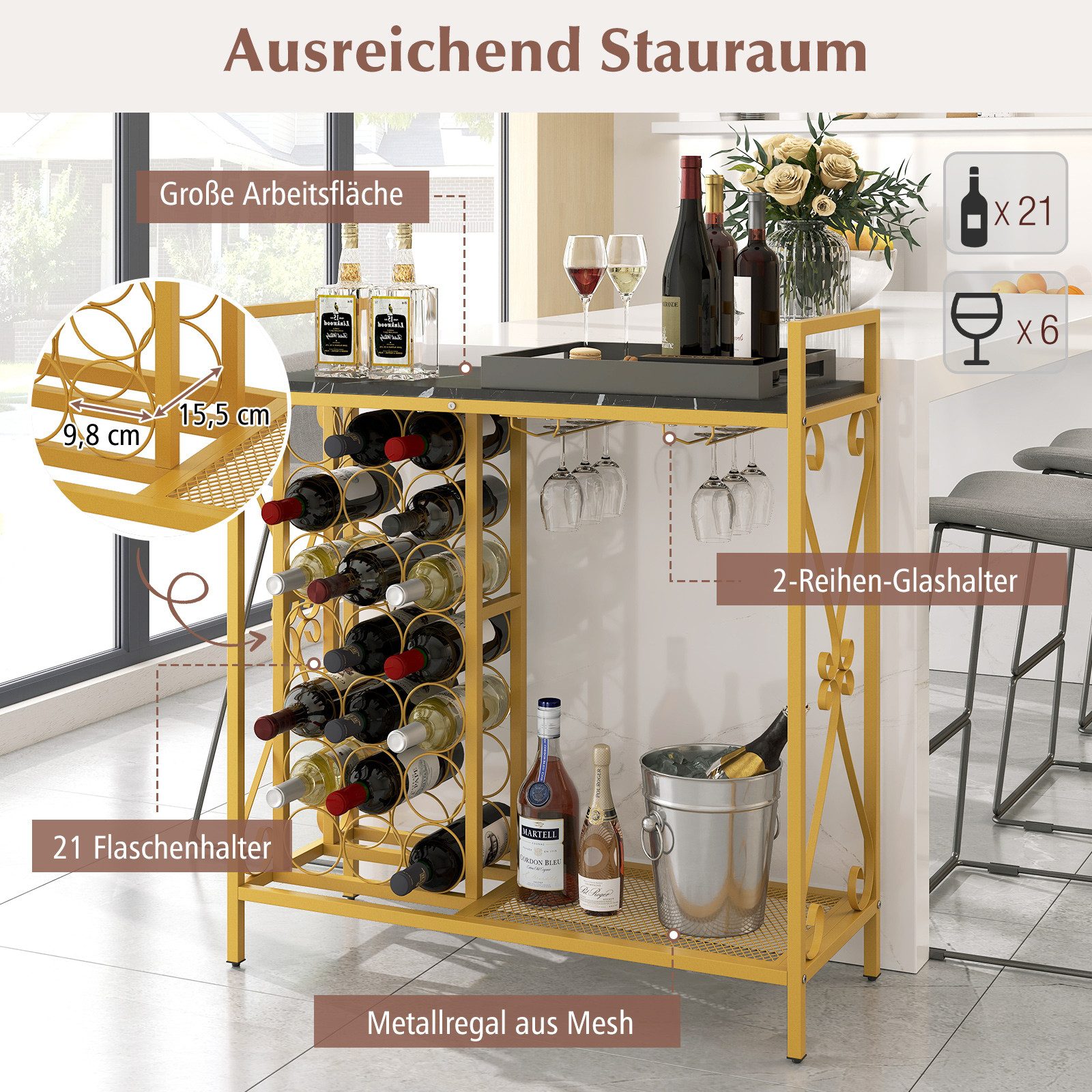 COSTWAY Weinregal, 21 Flaschen, stehend, mit Glashalter & Tischplatte, Metall