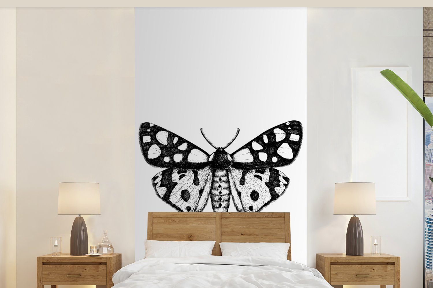 MuchoWow Fototapete Schmetterling - Vintage - Schwarz und weiß, Matt, bedruckt, (2 St), Vliestapete für Wohnzimmer Schlafzimmer Küche, Fototapete | Fototapeten