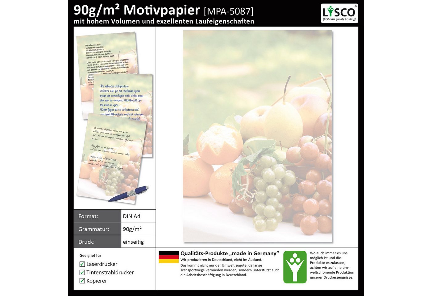 Thumbnail - LYSCO Briefpapier Motiv Briefpapier Lebensmittel DIN A4, gut beschreibbar, leckeres Ambiente, für alle Drucker geeignet.