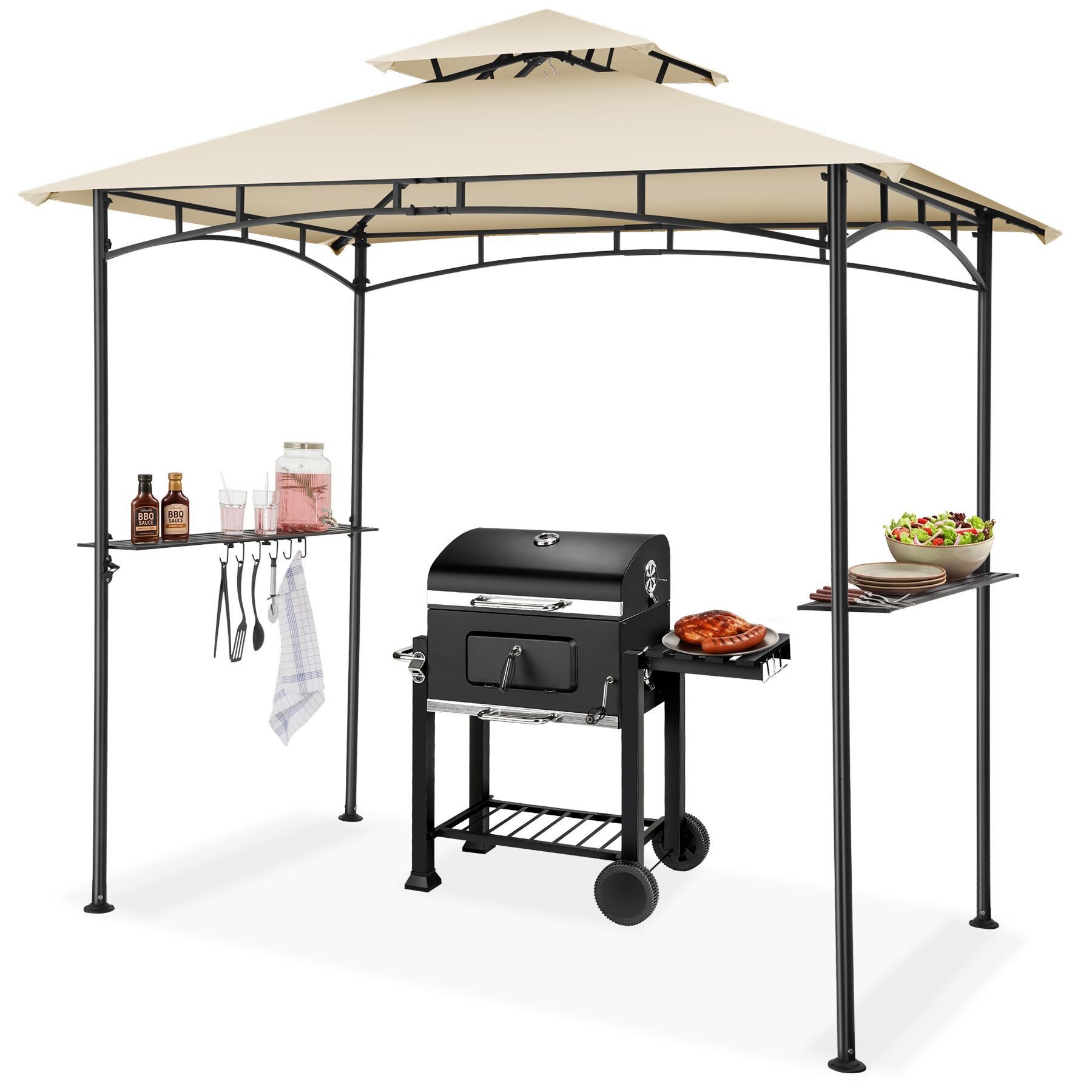 tectake Pavillon Grillpavillon, inklusive 8 Heringen und 6 Haken, 240 x 150 x 250 cm, mit 2 Seitenteilen, (Grillüberdachung Maracaibo, in Sand), wetterfest mit UV-Schutz, Flaschenöffner, seitliche Gitterablagen