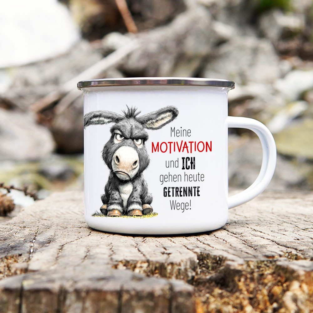 Cadouri Tasse Emaille Tasse MEINE MOTIVATION UND ICH Kaffeetasse, Metall, Outdoortasse, Campingbecher Edelstahl, handgefertigt, Geschenk, 300 ml