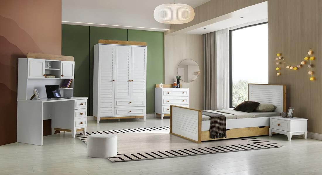 Jugendzimmer-Set Garnitur Kinderzimmer Bett Kinderbett Kindermöbel Weiß