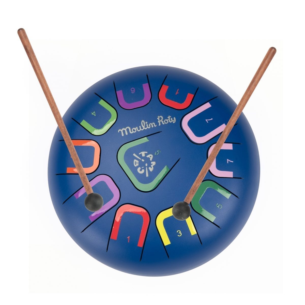 Moulin Roty Trommel Große Zungentrommel blau 11 Töne Ø24 cm mit Notenheft, ab 3 Jahren