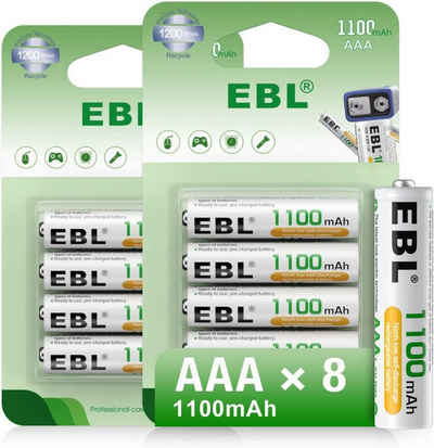 EBL AAA Akku 1100mAh mit hoher Kapazität, wiederaufladbar Batterien Akku (1,2 V, 16 St), 1.2V Micro AAA, 4er Pack
