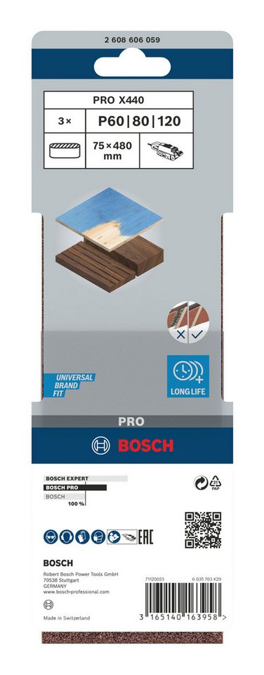 Thumbnail - BOSCH Schleifpapier Pro X440 Schleifbänder, (3 Teile), Pro X440 Schleifband-Set, 75 x 480 mm, G60, G80, G100, 3-teilig