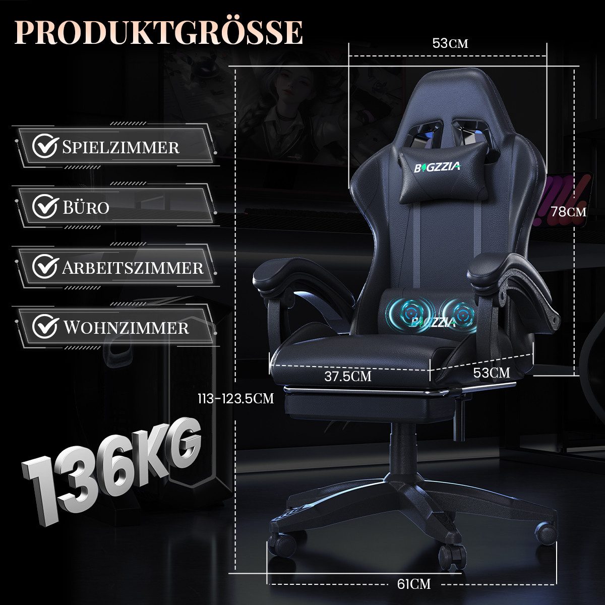 ZAISZE Gaming-Stuhl Schreibtischstuhl, Ergonomischer Bürostuhl mit Massagefunktion (PC Stuhl mit Fußstütze Kopfstütze Lendenkissen), Höhenverstellung Neigung 90°- 135°, für Gaming Arbeit Entspannung