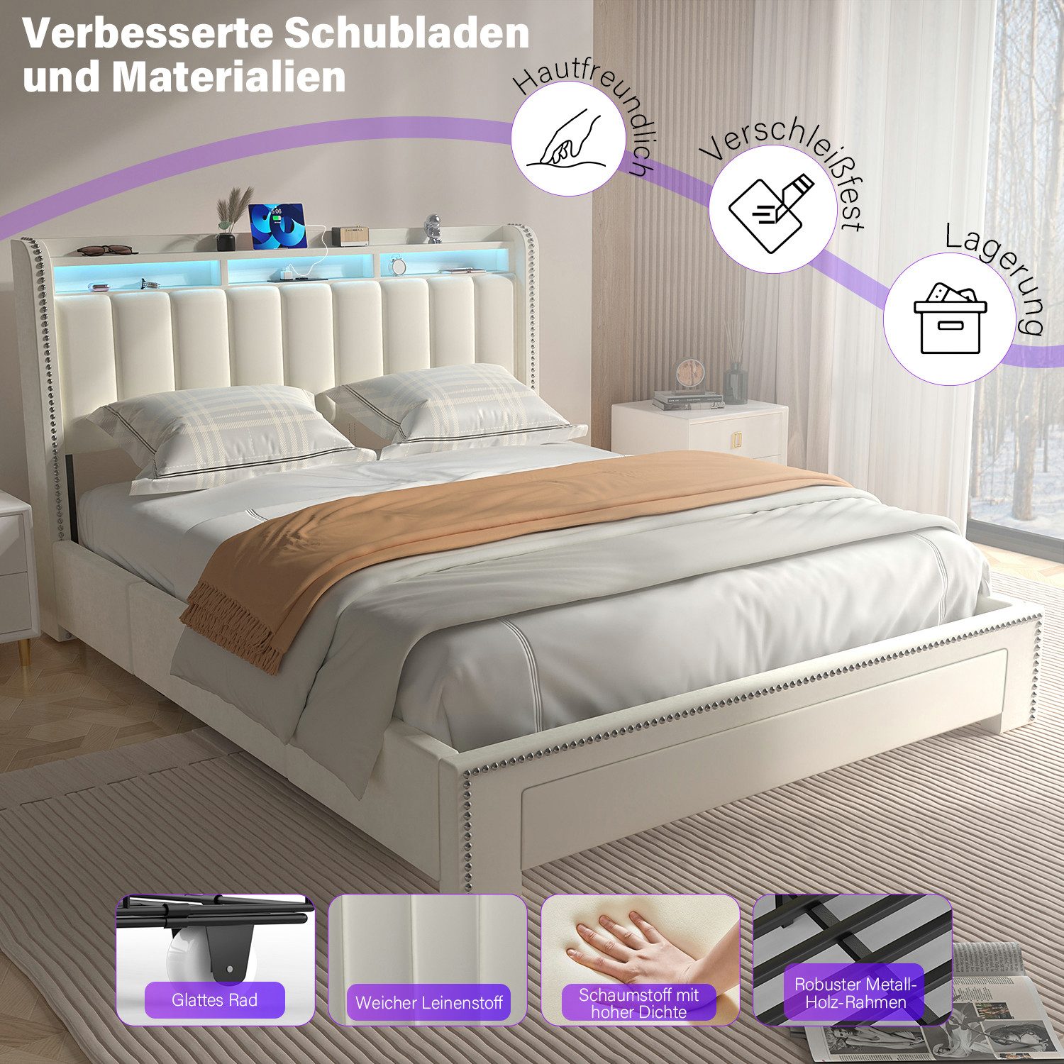 oyajia Polsterbett LED-Beleuchtung Doppelbett 140x200cm mit Ladefunktion und 3 Schubladen (Mit Lattenrost und Ladefunktion, Samt materia Polsterbett), Funktionsbett Stauraumbetten Jugendbett Bettgestell Leises Design Bett