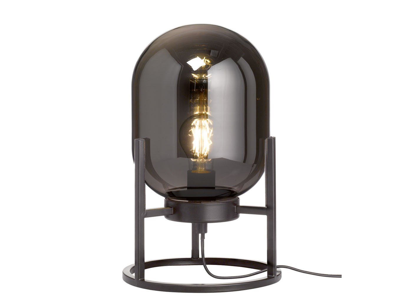 FISCHER & HONSEL LED Nachttischlampe, Dimmfunktion, LED wechselbar, Warmweiß, Rauchglas Kugel Lampenschirm oval Vintage Industrial & Metallfuß 34cm