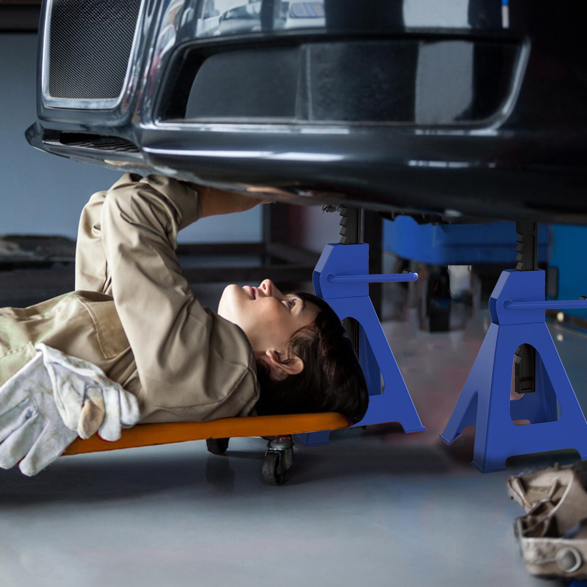 HOMCOM Unterstellbock inkl Sicherungssplint, 13 stufig, 3000 kg max. Belastbarkeit, (3 Tonnen traglast Stützbock, 2-St., 2 Stück Unterstellböcke), höhenverstellbar 385 mm bis 600 mm, für Werkstatt Garage Blau