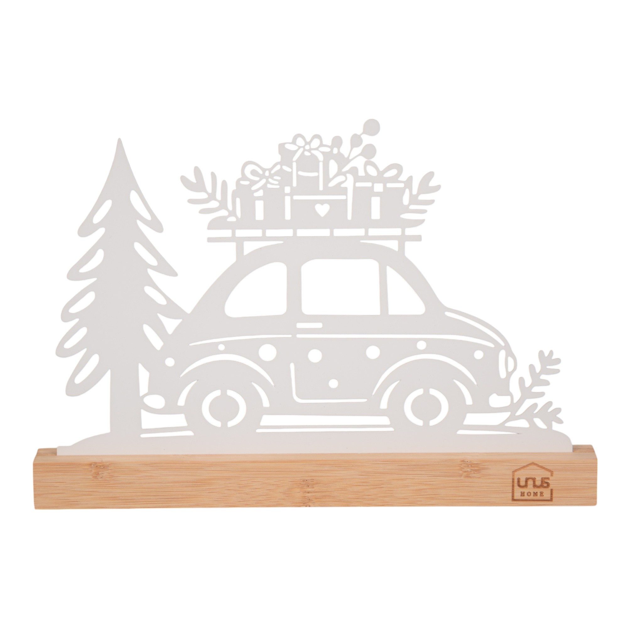 UNUS HOME Dekofigur Aufsteller Auto mit Baum in schwarz oder weiß (UNUS Weihnachtsdeko Aufsteller Auto mit Geschenken und Tannenbaum)