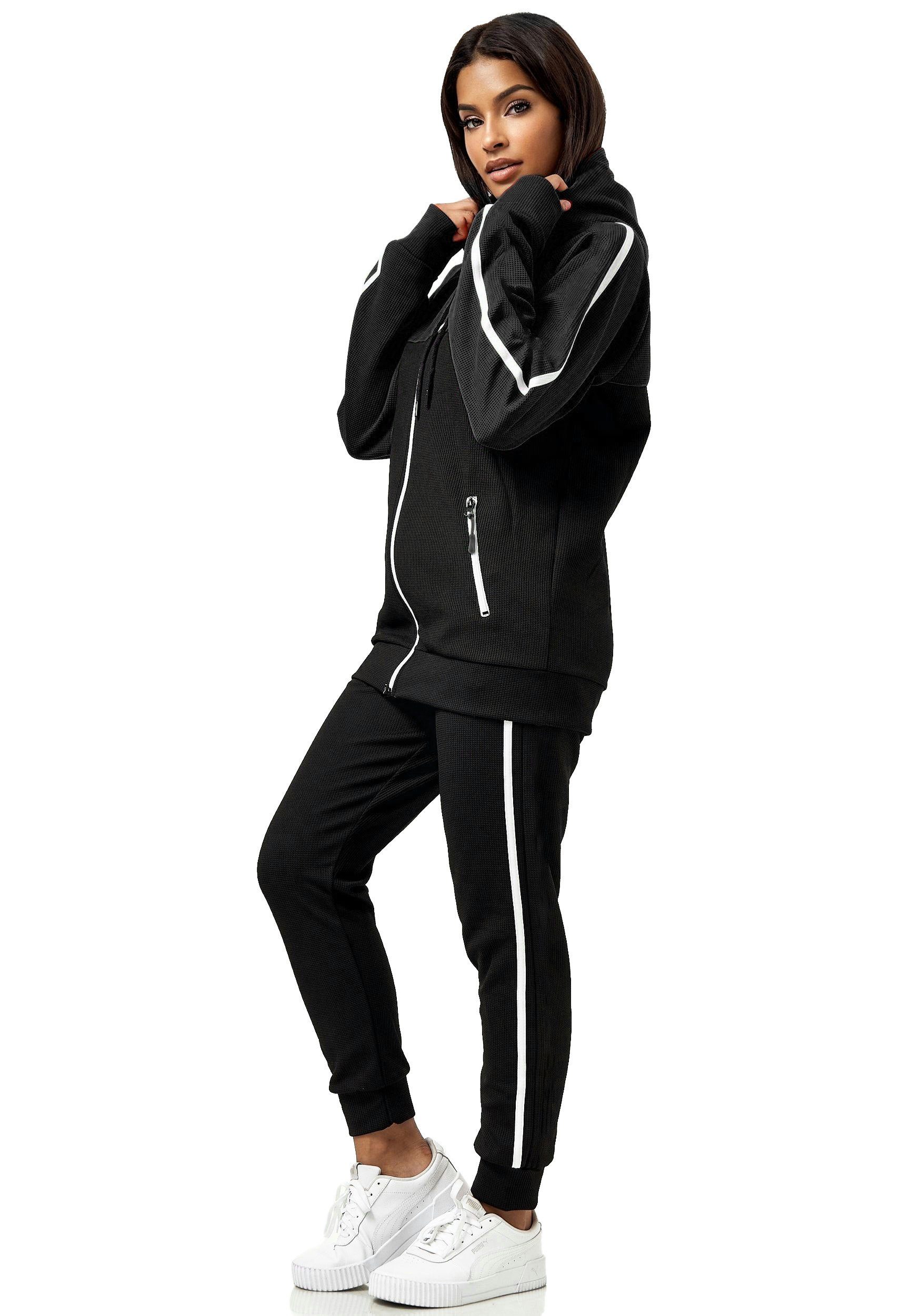 L.gonline Freizeitanzug Damen Jogginganzug Freizeitanzug Sportlich 3750 (Kapuzenjacke mit Reißverschluss, Hose, 2-tlg), mit Streifen