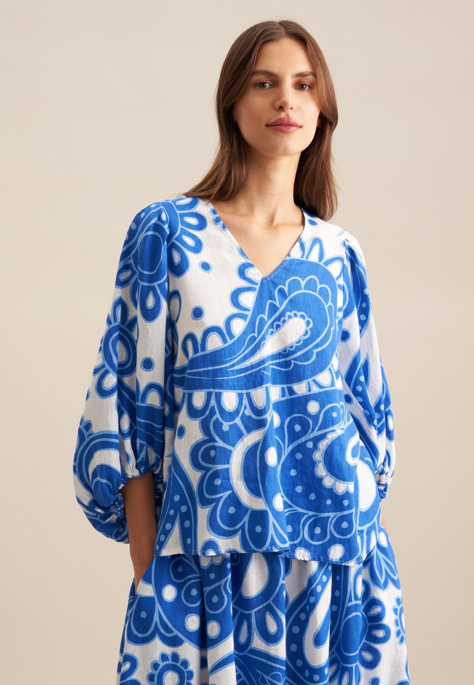 seidensticker Shirtbluse Schwarze Rose 3/4 V-Neck Paisley