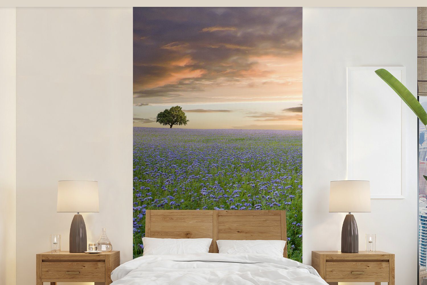 Schlafzimmer Wohnzimmer (2 für Farben, Matt, - St), Fototapete bedruckt, MuchoWow Küche, Fototapete - Blumen Sonnenuntergang Vliestapete