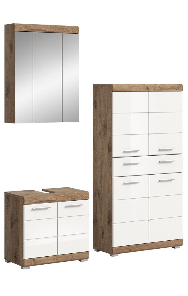 xonox.home Badmöbel-Set Badezimmer-Set Wave, weiß Hochglanz / Nox Oak, 3-teilig, optional, (3-St), Badmöbel, Badkombination