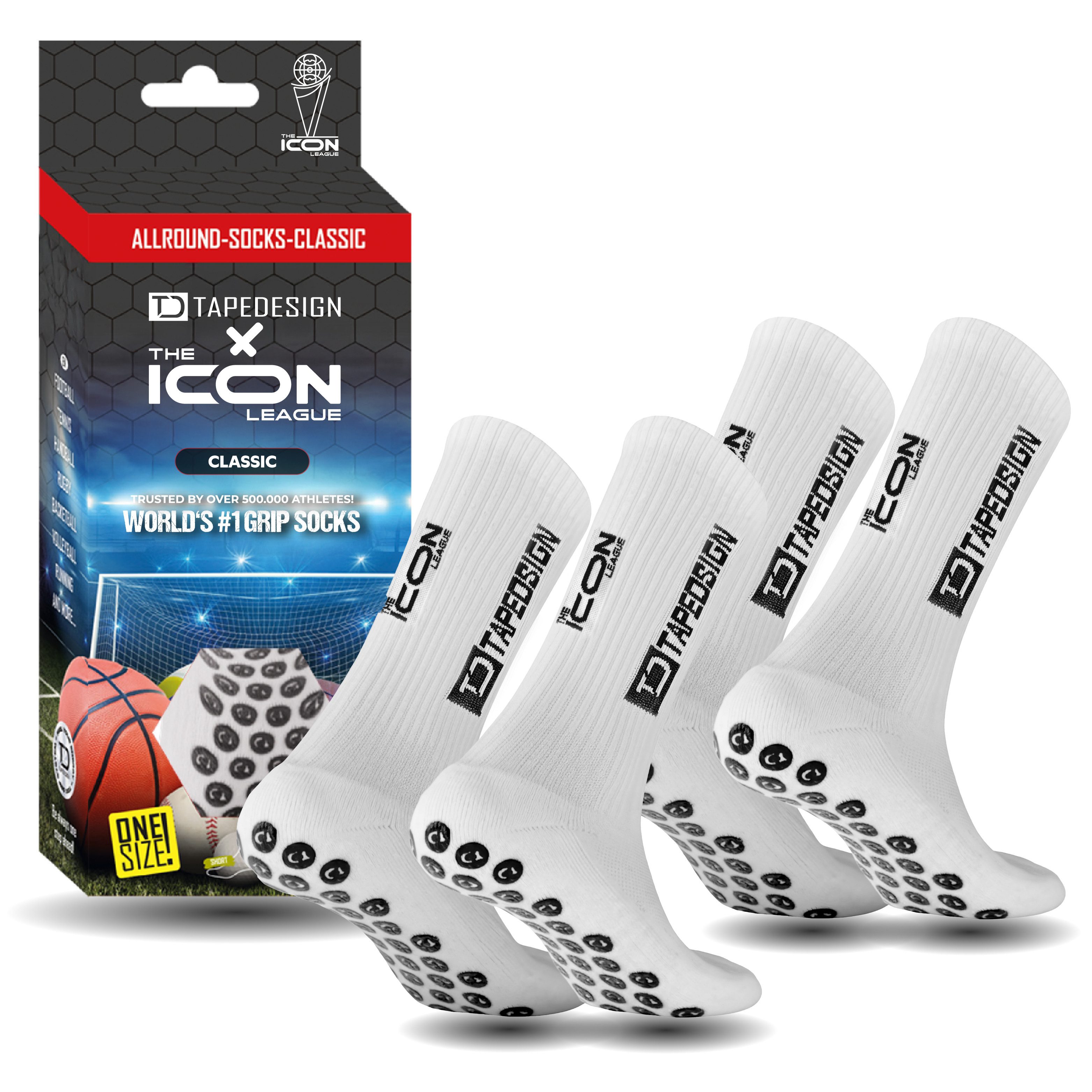 TAPEDESIGN x THE ICON LEAGUE Sportsocken & Fußballsocken (2 Paar) Classic Grip Socks für Herren & Damen (2er Set, Weiß) Football & Sport-Socken für Erwachsene & Jugendliche Made in Europe