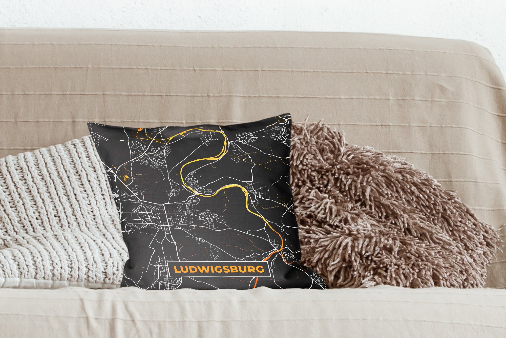 Deko, Dekokissen Sofakissen Gold - - Wohzimmer, Karte Deutschland, MuchoWow Zierkissen für - Stadtplan - Schlafzimmer, Füllung Ludwigsburg mit