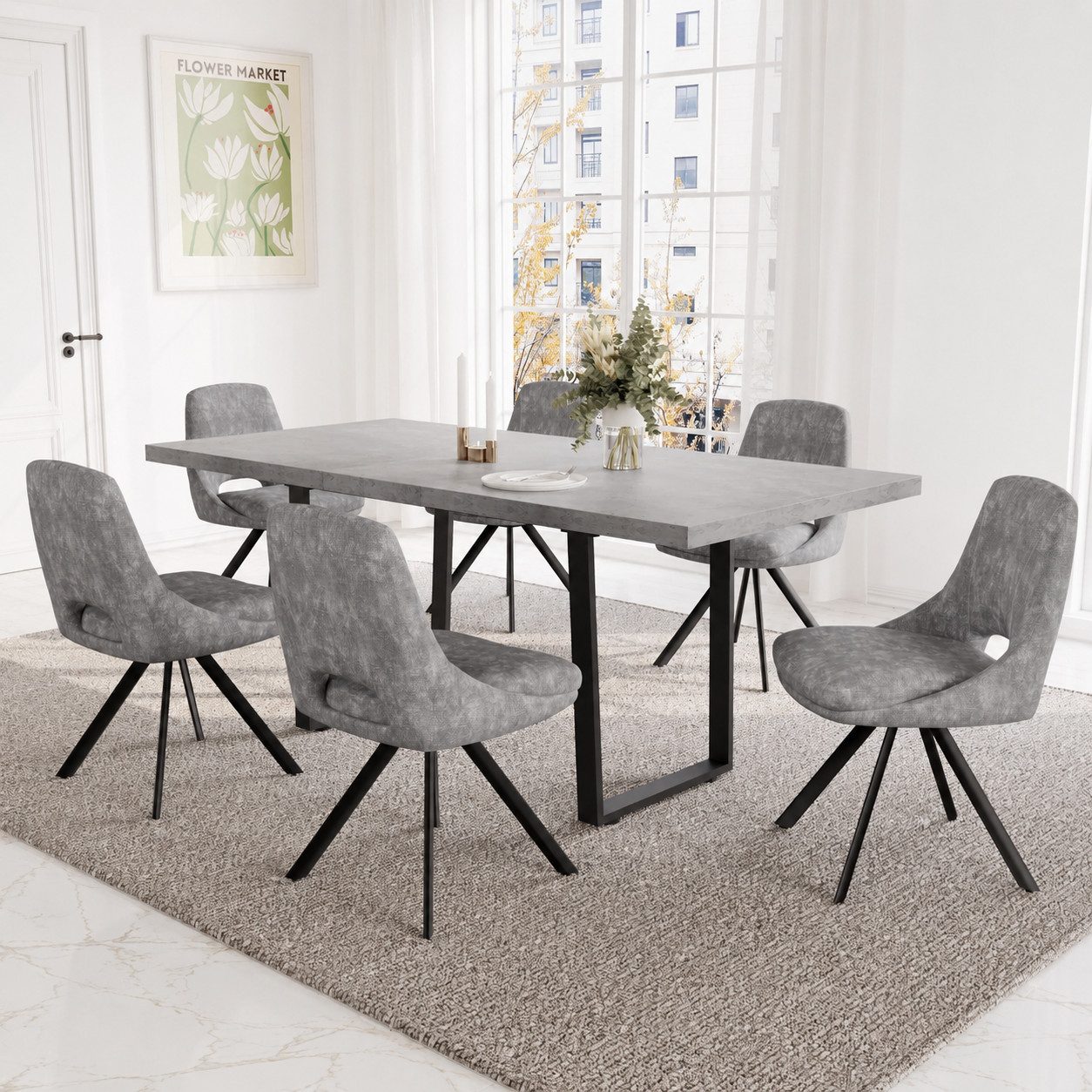 Jiexi Essgruppe Tisch-und Stuhlset, Ausziehbarer Esstisch (130–170 cm) mit 4-6 Stühlen