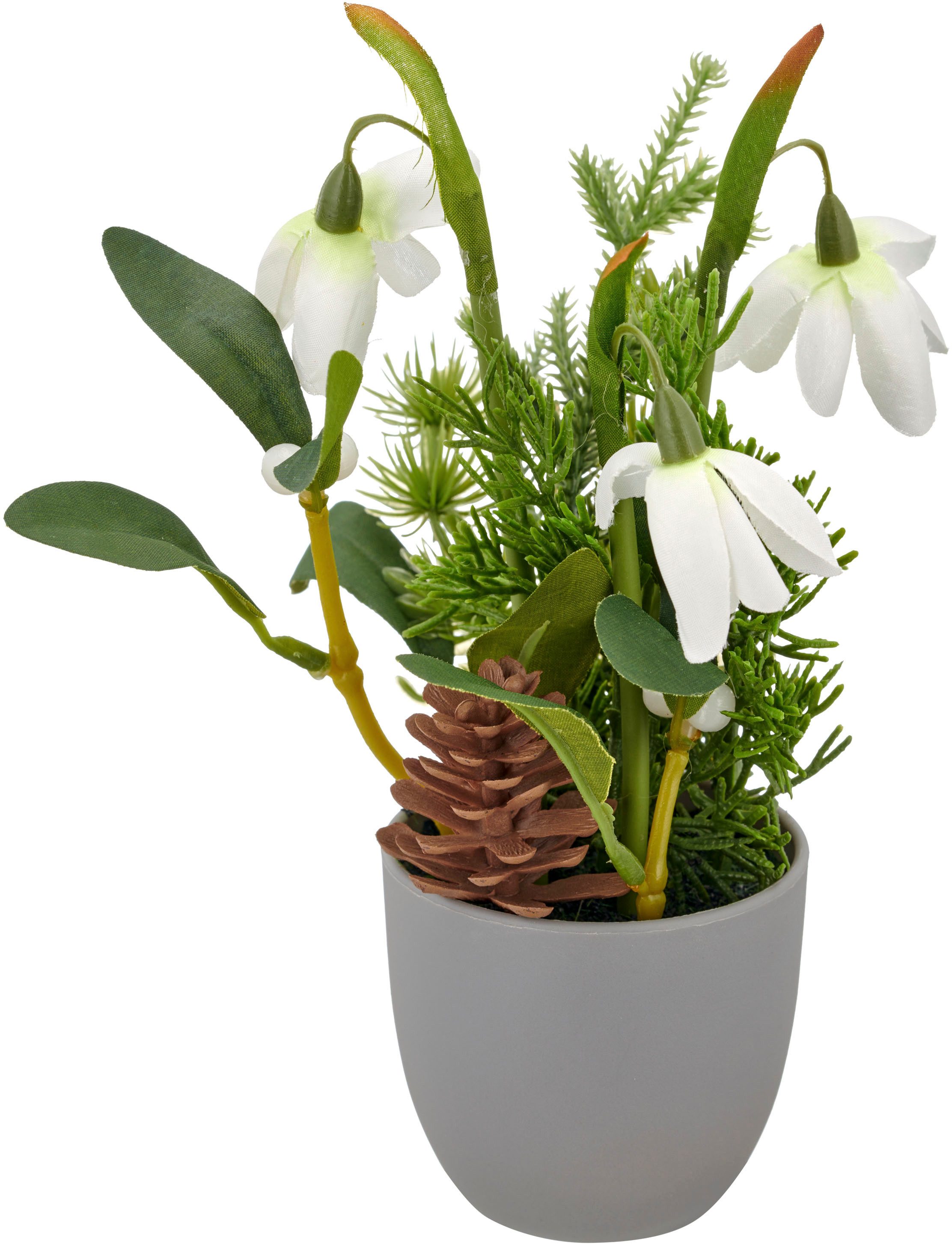 Winterliche Kunstpflanze Arrangement mit Schneeglöckchen, Creativ green, Höhe 20 cm, mit Tannenzweigen und Zapfen