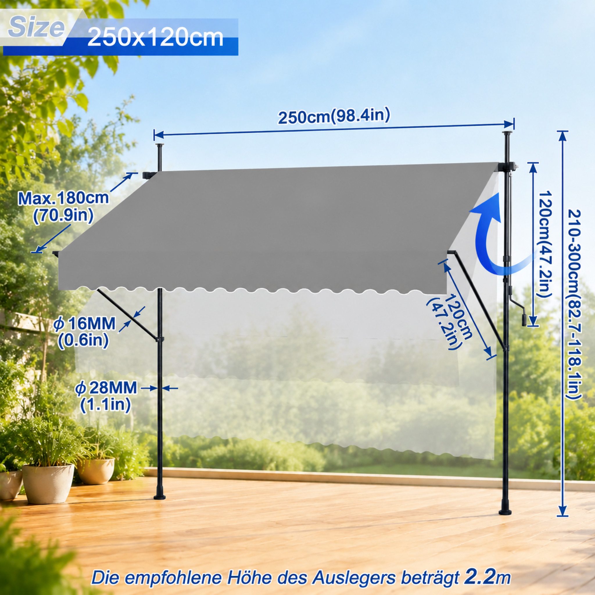 Ferghana Klemmmarkise Klemmmarkise Ohne Bohren, Balkonmarkise Höhenverstellbar (Sonnenschutz Wasserdicht UV-beständig, Sonnenmarkise für Terrasse Balkon Garten) Sichtschutz Markise