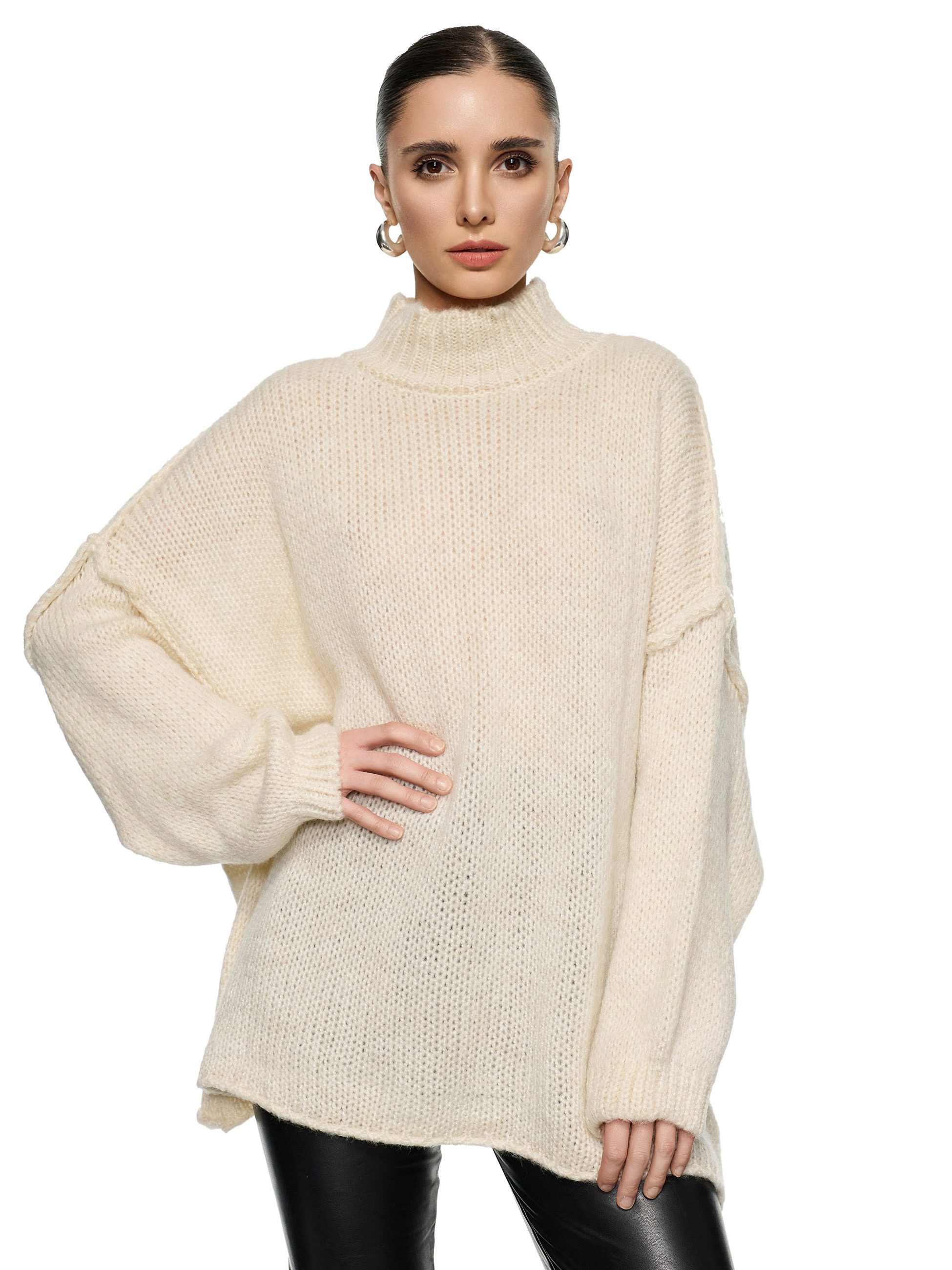 Longpullover WORLDCLASSCA Damen Oversize Strickpulllover Lang Pulli mit Steh Kragen