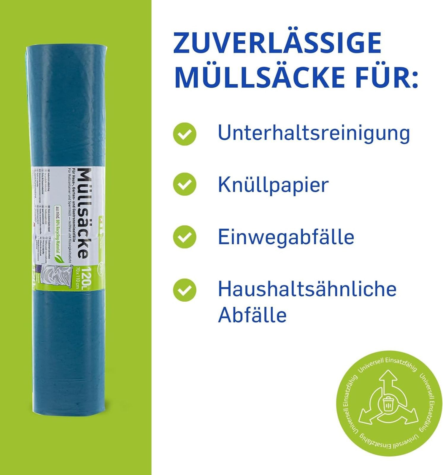 Hossi's Wholesale Müllbeutel 8 Rollen mit 25 Beuteln blaue Müllsäcke Abfallsäcke 39my 120l, stabil, 120