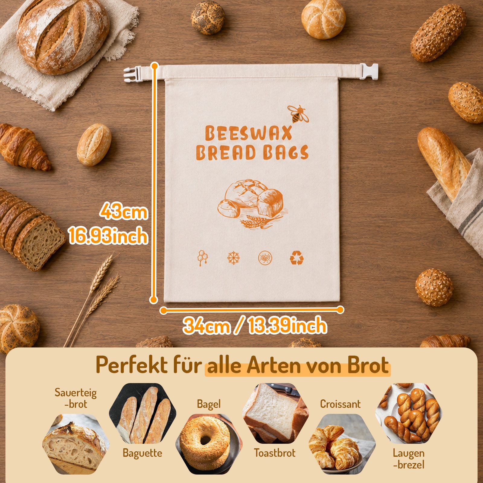JOYOLEDER Brottasche Bienenwachs Brotbeutel 2 Stück, 43×34 cm Wiederverwendbar, (für Brot, Brotbeutel Aufbewahrung Frischhalten, mit Reißverschluss, zur Aufbewa – Bild 2 von 5