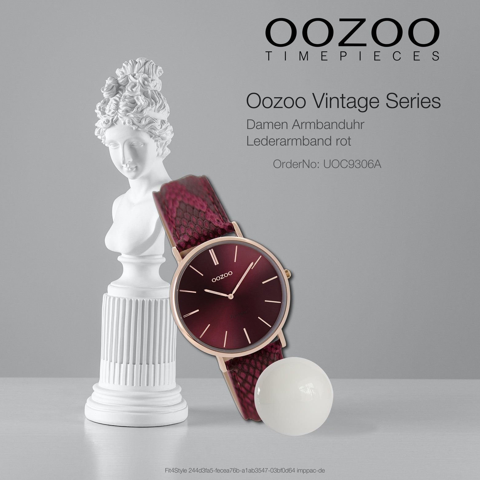 32mm), rot, Vintage, OOZOO Fashion Damenuhr Quarzuhr Oozoo mittel Lederarmband rund, Armbanduhr (ca. Damen