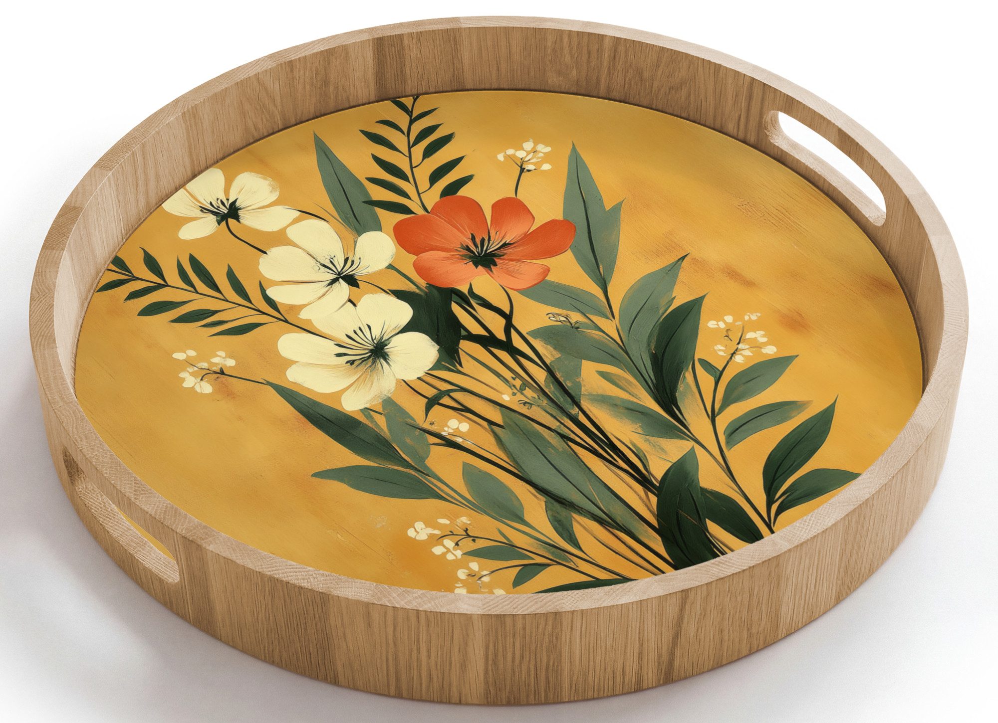 OnlyWow Tablett Rund mit Henkel Blätter - Blumenstrauß - Gelb, Eichenholz, (1-tlg), Siervierplatte, Tray, Frühstücksbrett