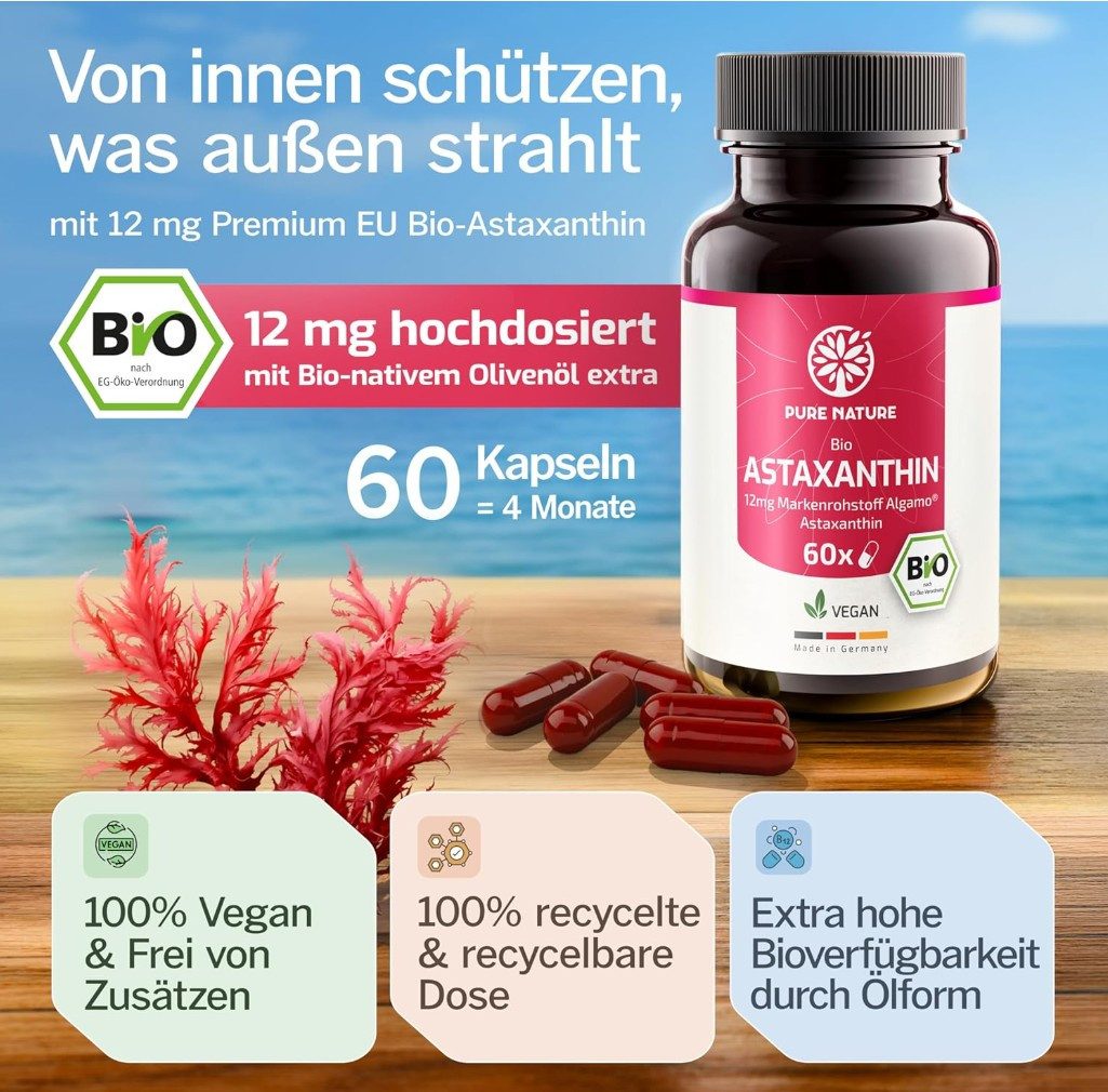 Pure Nature Astaxanthin 12 mg hochdosiert - 60 vegane Kapseln mit Bio-Olivenöl Kapseln, Packung à 36 g