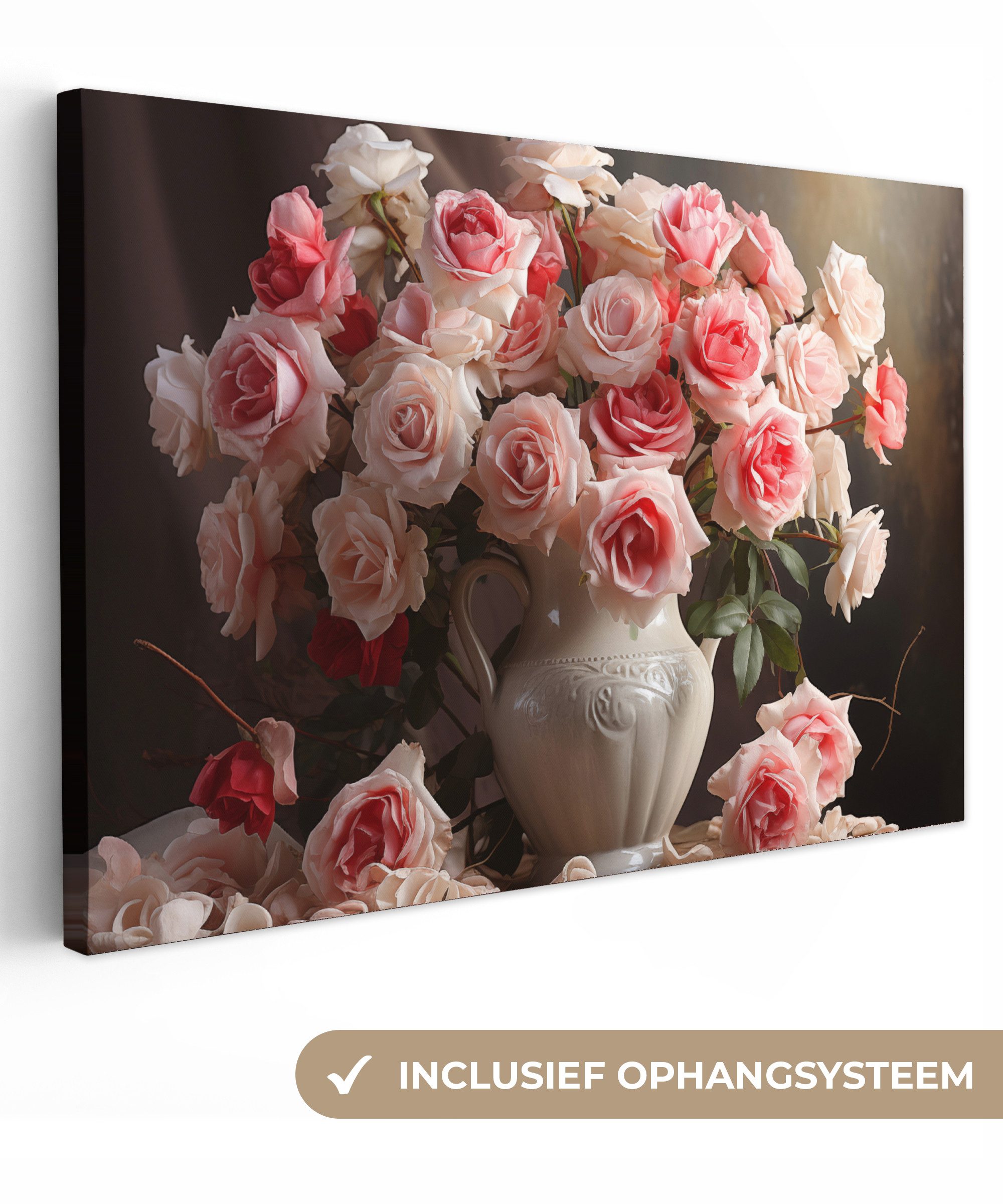OneMillionCanvasses® Leinwandbild Blumen - Rosen - Vase - Stilleben - Blumenstrauß, Fotodruck (1 St), Leinwand Bilder Klein, Wand Dekoration Aesthetic 30x20 cm