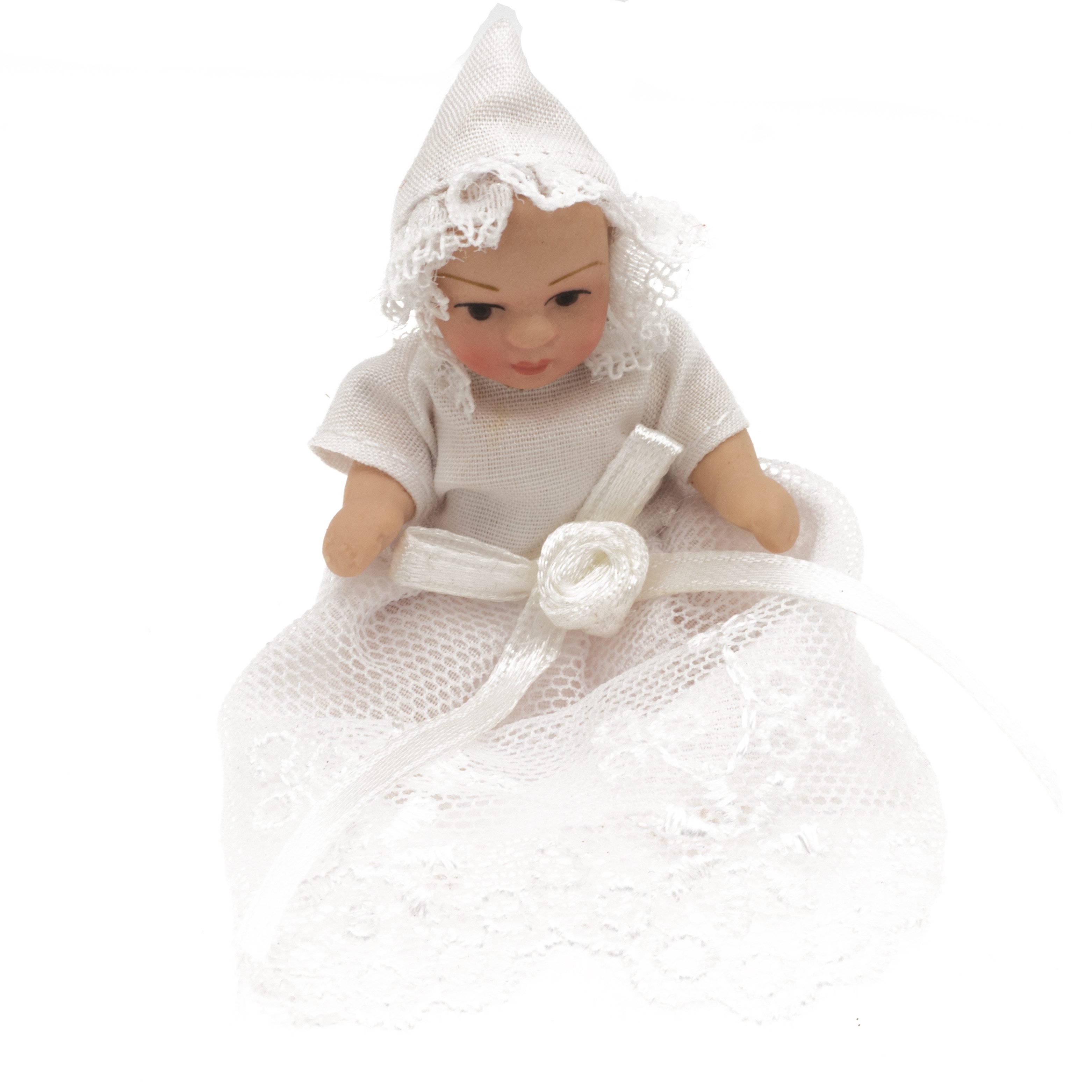 Streets Ahead Dollshouse Babypuppe Babypuppe fürs Puppenhaus im langen weißen Kleid 1:12