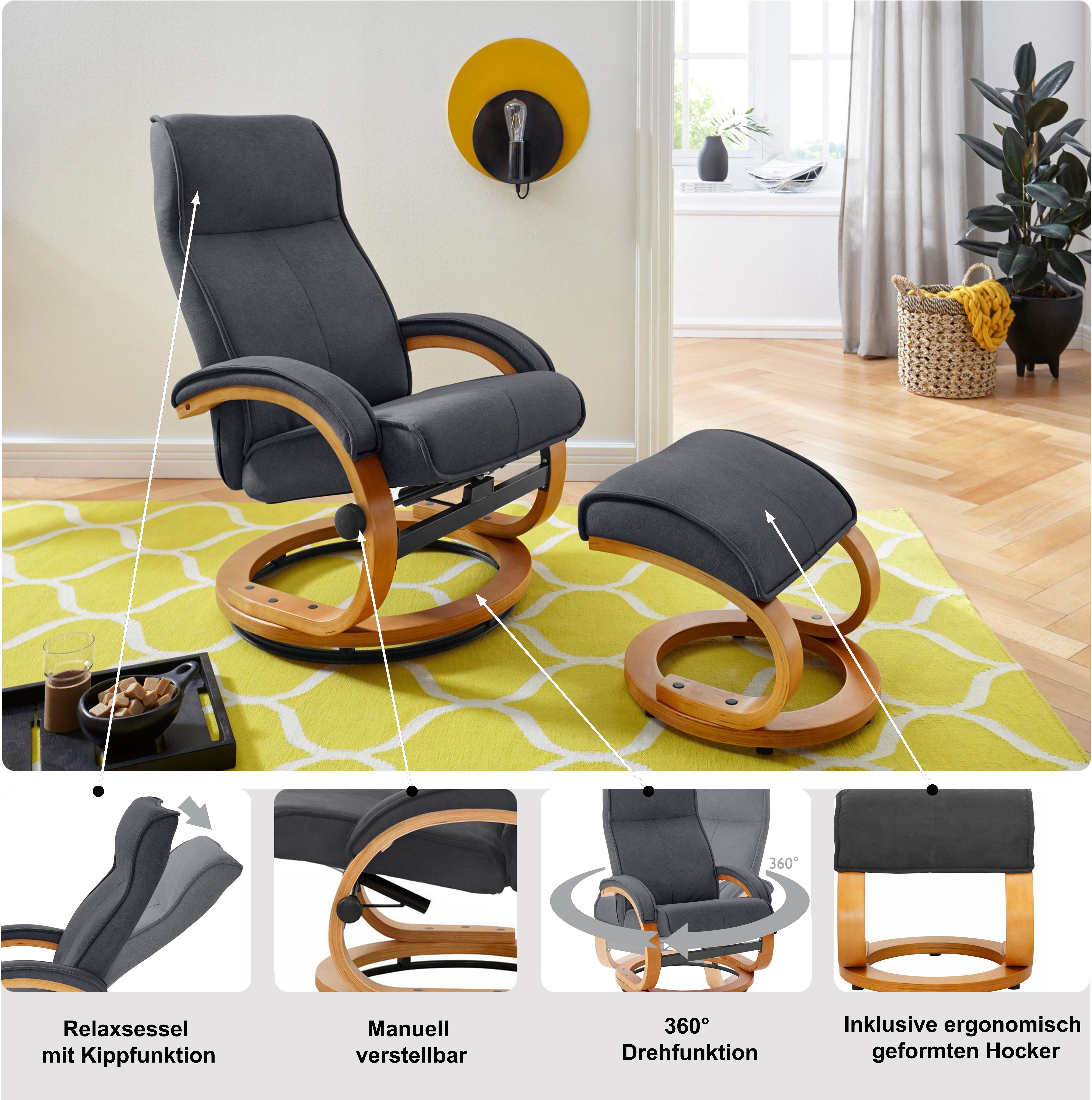 Home affaire Relaxsessel Lille, TV-Sessel, Sessel mit Hocker, Wohnzimmer, Schlaffunktion, Luxus-Microfaser Bezug und Holzgestell, Sitzhöhe 46 cm