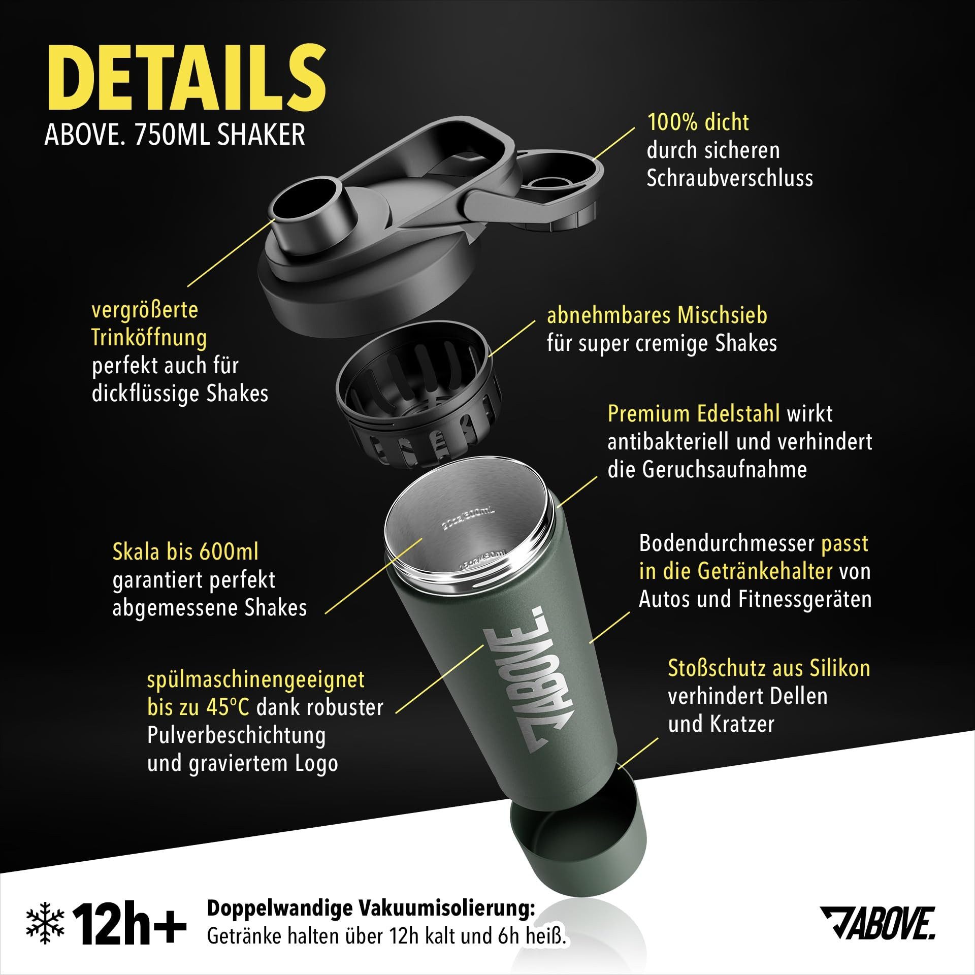 ABOVE. Protein Shaker 750ml – BPA-frei & isolierend: hält Shakes 12H eiskalt, (Integrierte Skala & 100% auslaufsicherer Deckel), Robust & langlebig – spülmaschinengeeignet bis 45°C
